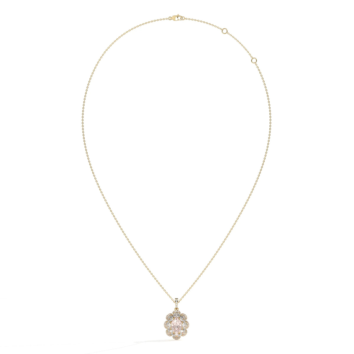 A delicate gold chain necklace featuring a small floral pendant. The central pink diamond is oval cut, and the halo is made up of round diamonds.