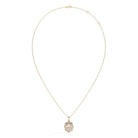 A delicate gold chain necklace featuring a small floral pendant. The central pink diamond is oval cut, and the halo is made up of round diamonds.
