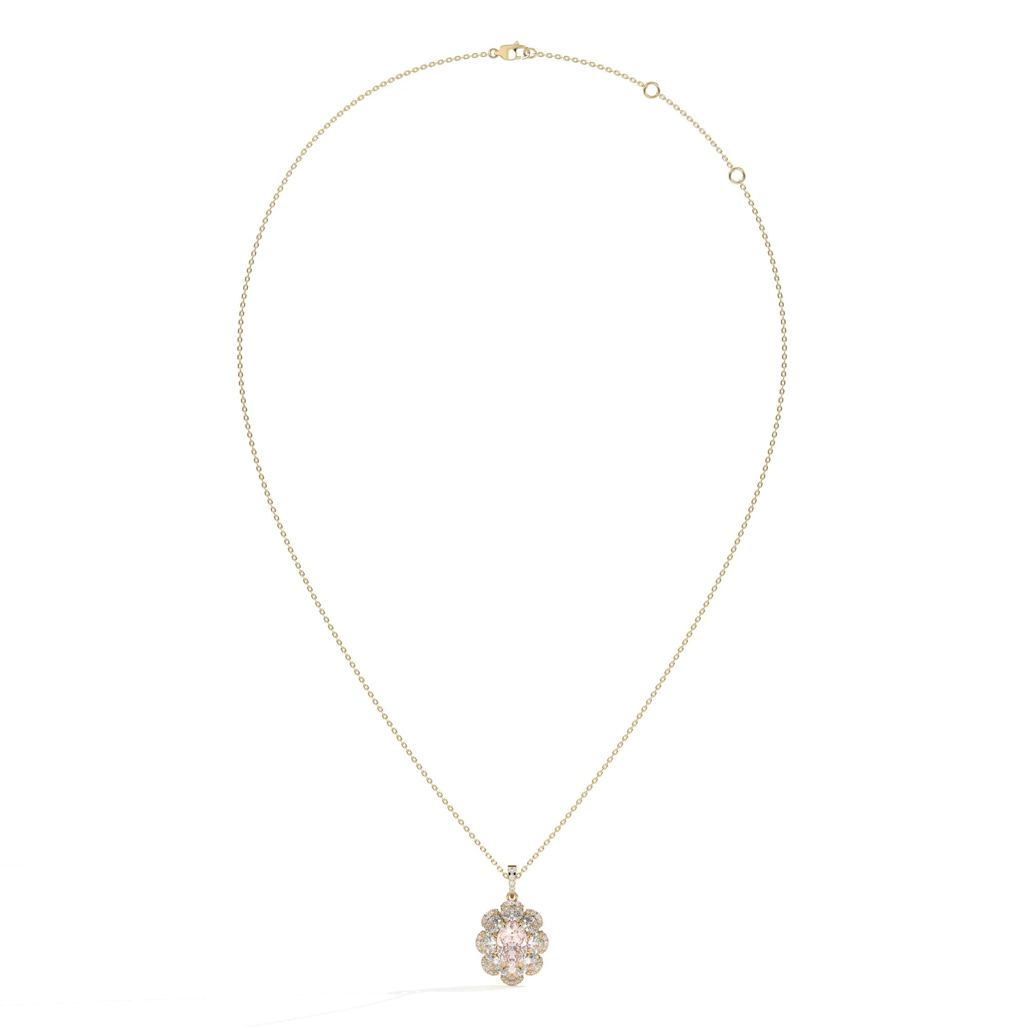 A delicate gold chain necklace featuring a small floral pendant. The central pink diamond is oval cut, and the halo is made up of round diamonds.